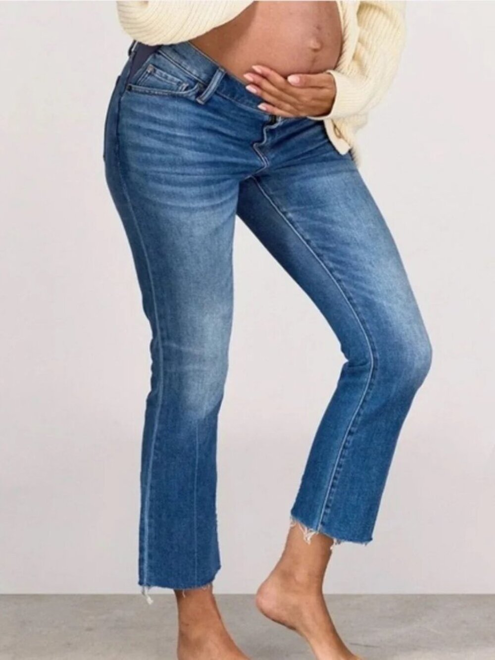 Hatch Under the Bump Crop Maternity Jeans 29 Indigo Blue Raw Hem Stretch Denim